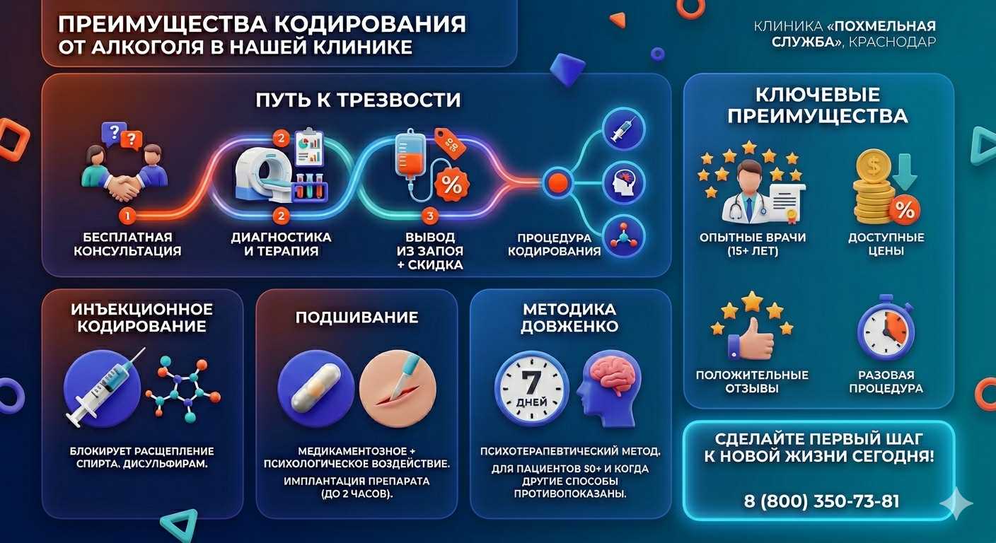 Инфографика о методах кодирования от алкоголя в Порхове: инъекции, подшивание, метод Довженко. Преимущества клиники и этапы лечения.
